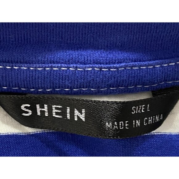 Shein Womens Blue & White Striped Top Size Large Round Neck Short Sleeve - Picture 4 of 8